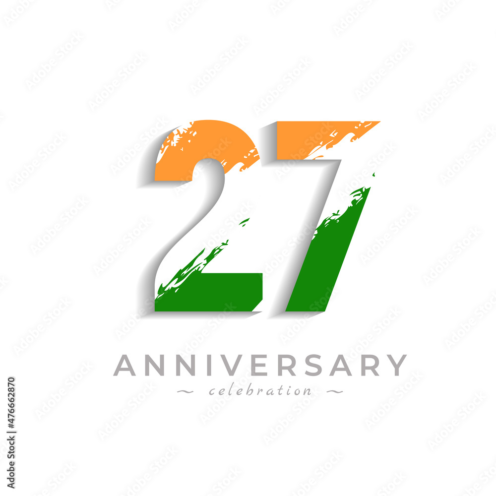 Fototapeta premium 27 Year Anniversary Celebration with Brush White Slash in Yellow Saffron and Green Indian Flag Color. Happy Anniversary Greeting Celebrates Event Isolated on White Background