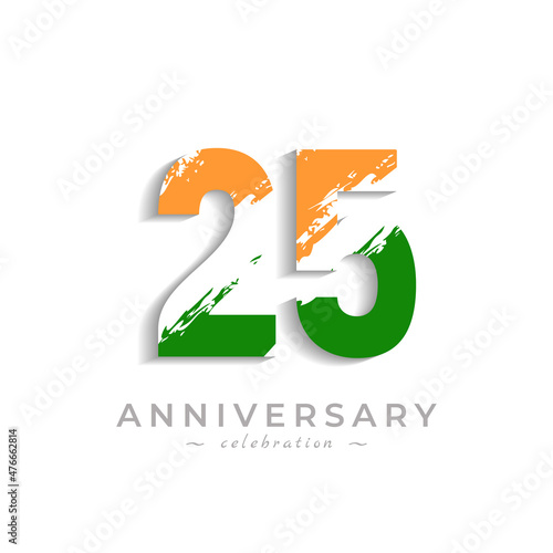 25 Year Anniversary Celebration with Brush White Slash in Yellow Saffron and Green Indian Flag Color. Happy Anniversary Greeting Celebrates Event Isolated on White Background