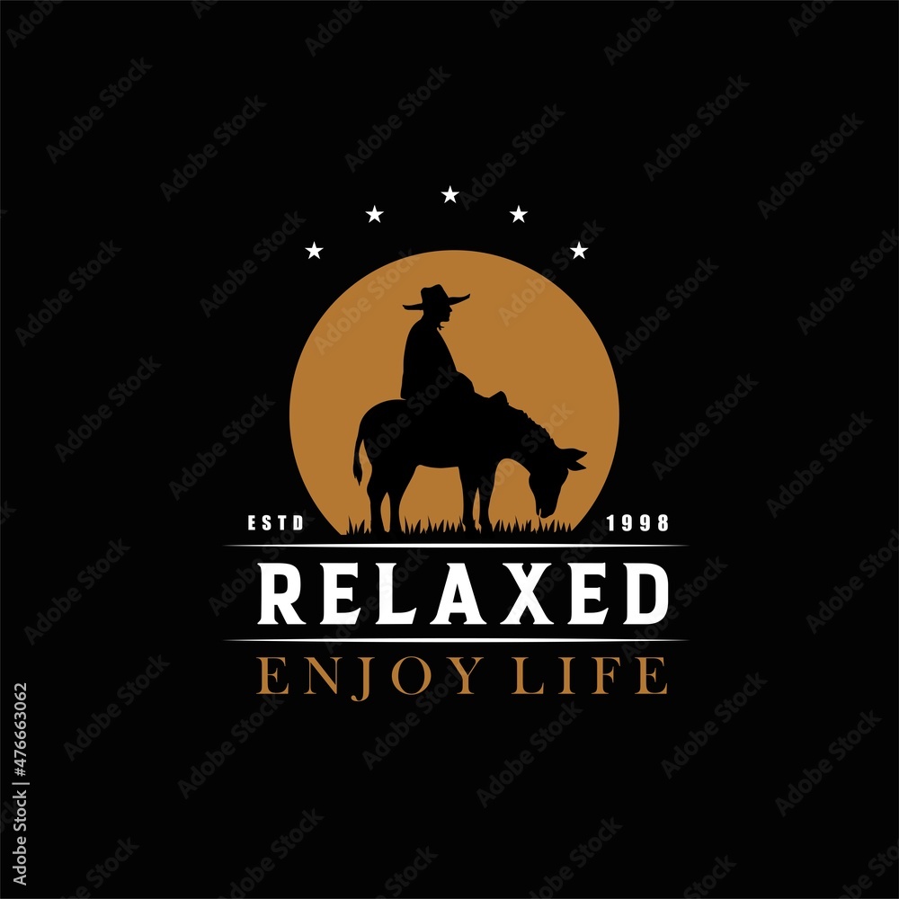 Cowboy Riding a donkey Silhouette at Sunset Relaxation logo design illustration on Moon background