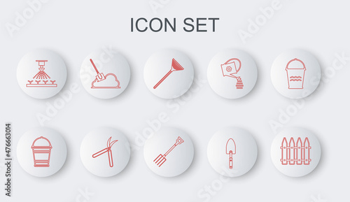 Set line Garden fence, Bucket, rake for leaves, trowel spade shovel, Automatic irrigation sprinklers, Shovel the ground, Gardening handmade scissor and pitchfork icon. Vector