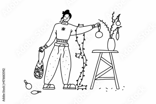Doodle girl decorates the Christmas tree. Outline concept of New Year. Cozy home holiday in pajamas, slippers. Festive decoration balls, garland, branches. Winter cute character. Vector illustration