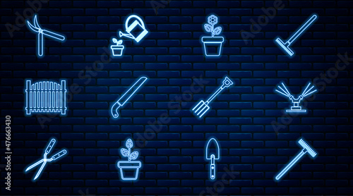 Set line Garden rake, Automatic irrigation sprinklers, Flower pot, saw, fence, Gardening handmade scissor, pitchfork and Watering can icon. Vector