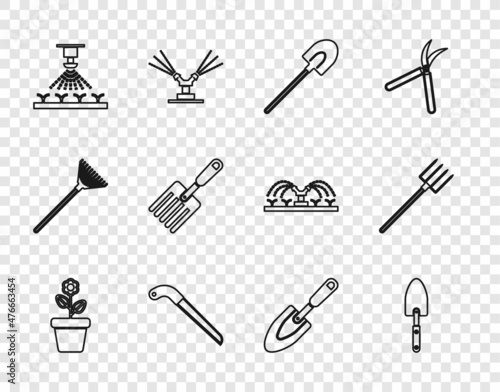 Set line Flower in pot, Garden trowel spade or shovel, saw, Automatic irrigation sprinklers, fork, and pitchfork icon. Vector