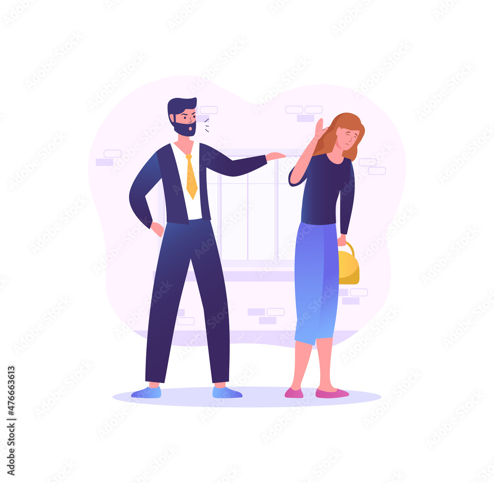 Men abuse woman. Domestic violence concept. Husband controls his wife