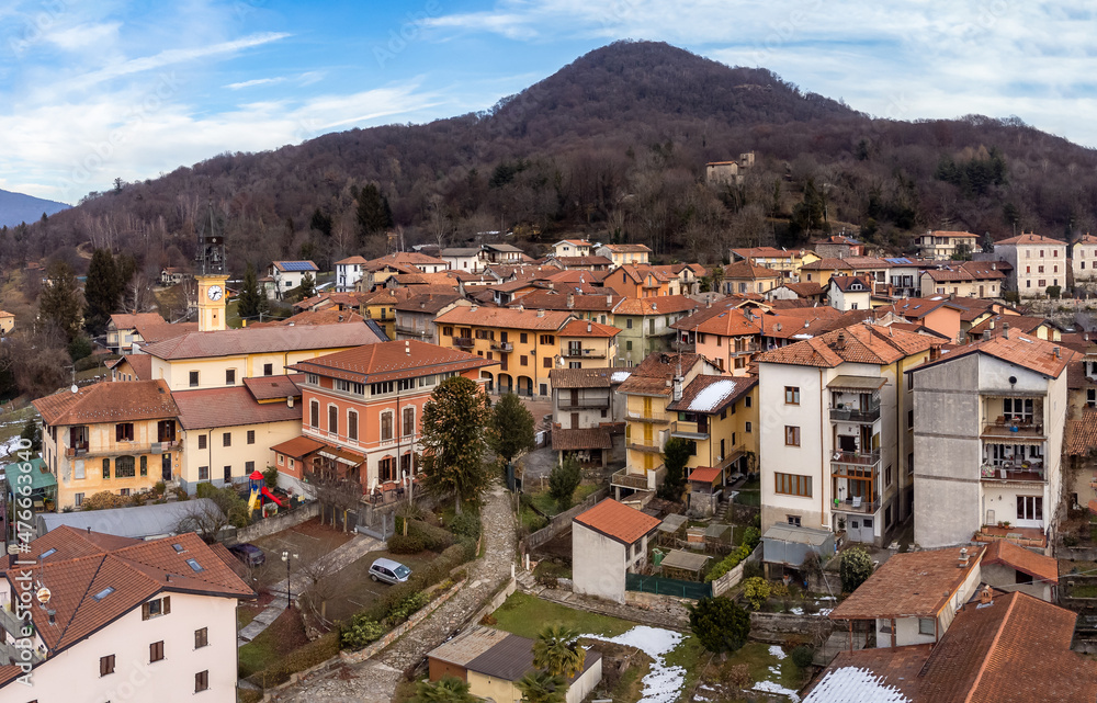 Aerial view of small Italian village Bedero Valcuvia at winter season, situated in province of Varese, Lombardy, Italy