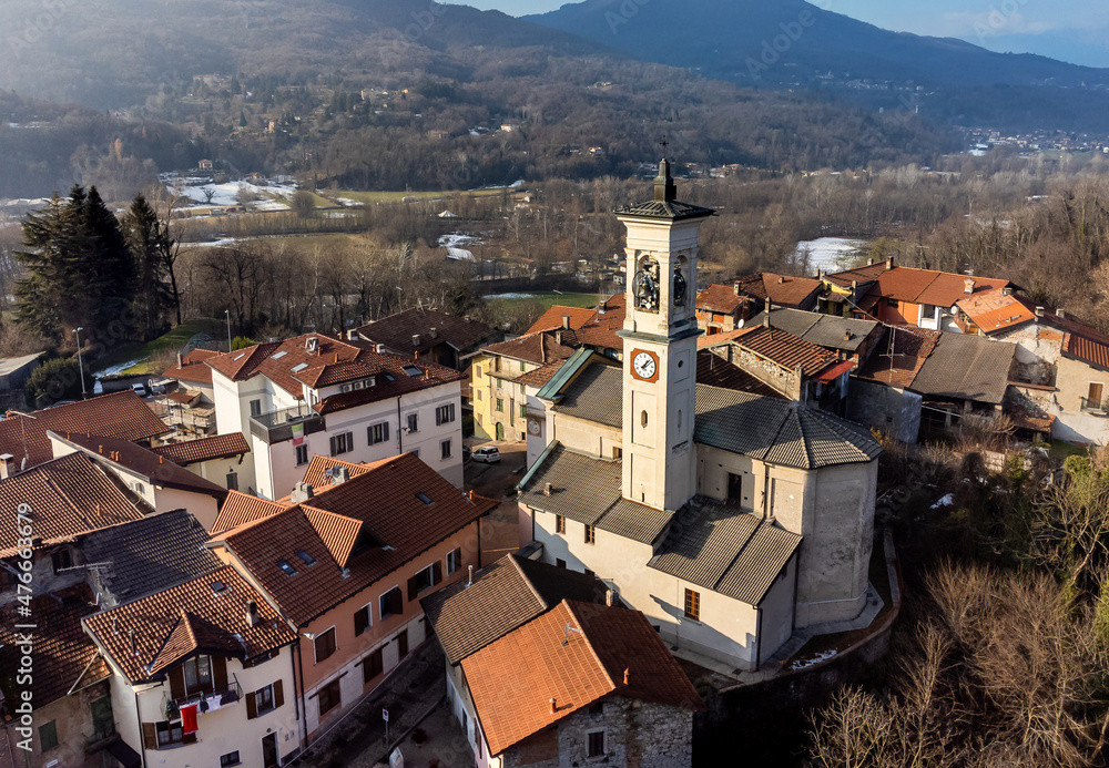 Aerial view of the bell tower of the Saint Maria Maddalena Church in Ferrera di Varese, province of Varese, Lombardy, Italy