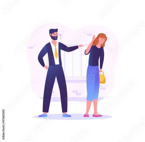 Men abuse woman. Domestic violence concept. Husband controls his wife. Aggression and anger management problems. Psychological pressure, stress, unhappy family. Cartoon flat vector illustration