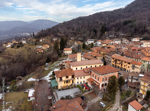 Aerial view of small Italian village Bedero Valcuvia at winter season, situated in province of Varese, Lombardy, Italy