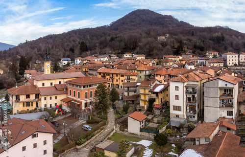 Aerial view of small Italian village Bedero Valcuvia at winter season, situated in province of Varese, Lombardy, Italy photo