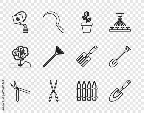 Set line Gardening handmade scissor, trowel spade shovel, Flower pot, Watering can, rake for leaves, fence and icon. Vector
