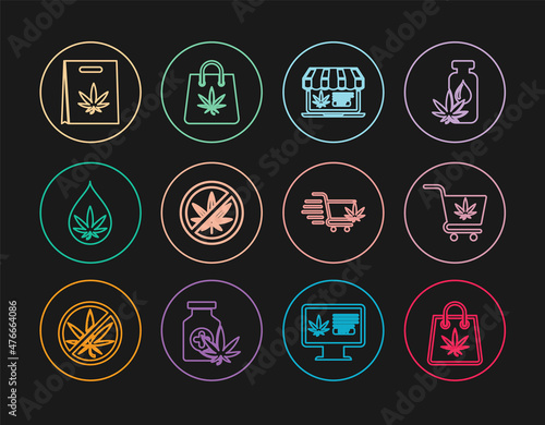 Set line Shopping bag of marijuana, cart with, Online buying, Stop, Marijuana or cannabis leaf oil, and icon. Vector