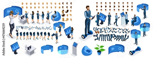 Isometric business lady and businessman with gadgets. Create your character, a set of emotions, gestures of hands, feet, hairstyles. Set 1