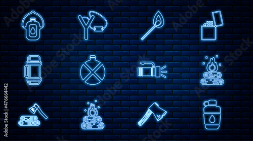 Set line Canteen water bottle, Campfire, Burning match with, Thermos container, Flashlight and Slingshot icon. Vector