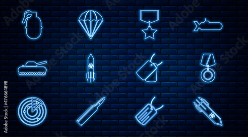 Set line Biohazard rocket, Military reward medal, tank, Hand grenade, dog tags and Parachute icon. Vector