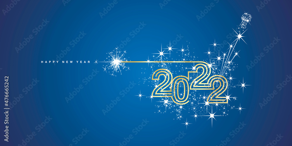 New year's eve 2022 compact golden triple line design white sparkle firework champagne open new year eve blue vector wallpaper greeting card - obrazy, fototapety, plakaty 