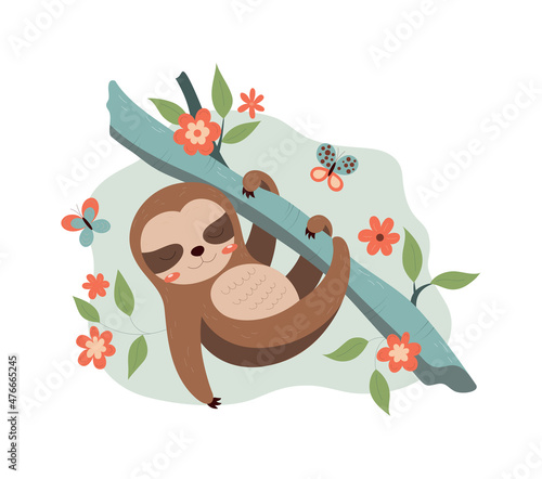 Sloth on branch. Characters in their natural habitat. Pictures for printing on childrens clothes. Nature and forest. Fauna and wild life. Zoo, tropical, exotic. Cartoon flat vector illustration photo