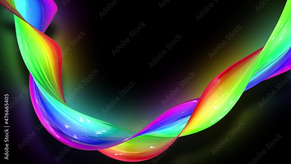 3d render. Twisted ribbon of rainbow color glows on a black background. Abstract bright colorful background. 3d render. Twisted ribbon of rainbow color glows on a black background. Abstract bright colorful background.