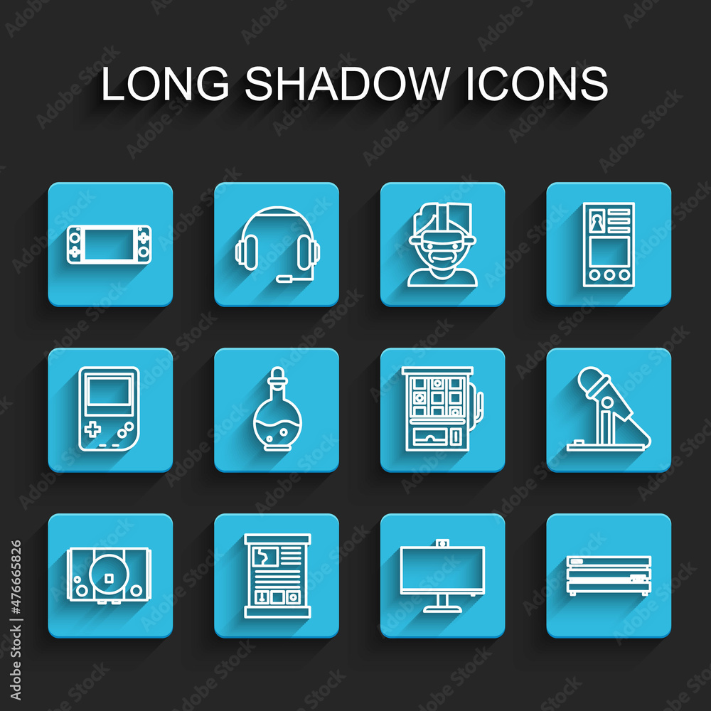 Set line Video game console, Game guide, Portable video, Computer monitor, Bottle with magic elixir, Microphone and Slot machine icon. Vector Set line Video game console, Game guide, Portable video, Computer monitor, Bottle with magic elixir, Microphone and Slot machine icon. Vector