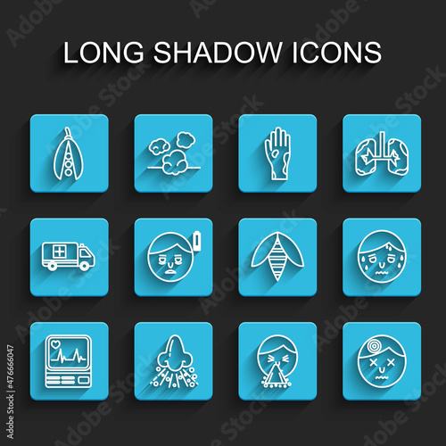 Set line Monitor with cardiogram, Runny nose, Kidney beans, Handkerchief his runny, Man having headache, Fatigue, excessive sweating and Bee icon. Vector