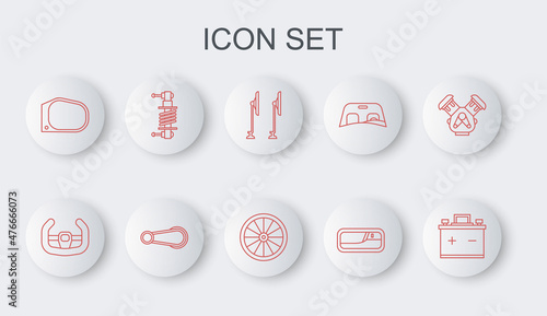 Set line Car battery, Sport steering wheel, Windscreen wiper, door handle, mirror, Shock absorber, and icon. Vector