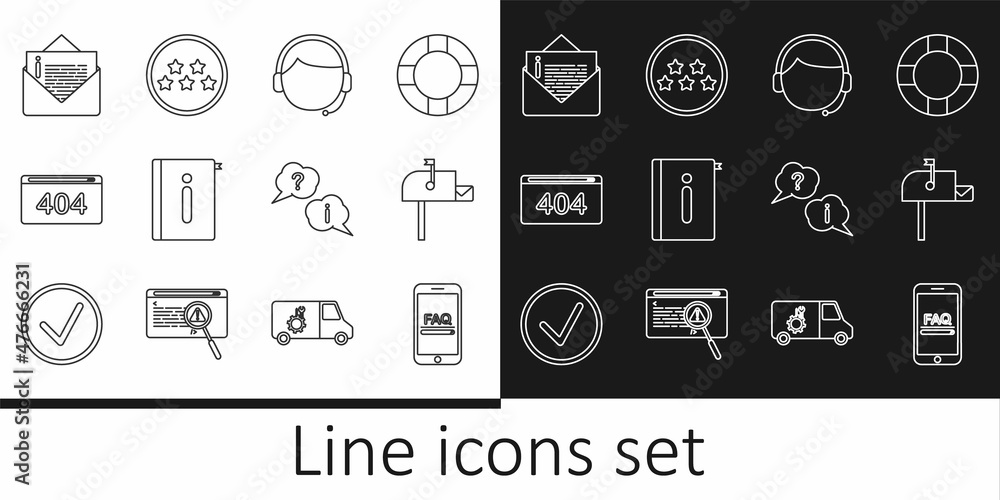 Set line Mobile with FAQ information, Open mail box, Man headset, User manual, Page 404 error, Envelope, Question and Exclamation and Five stars rating review icon. Vector