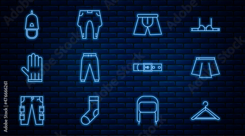 Set line Hanger wardrobe, Skirt, Men underpants, Sport, Leather glove, Police cap with cockade, belt and Pants icon. Vector