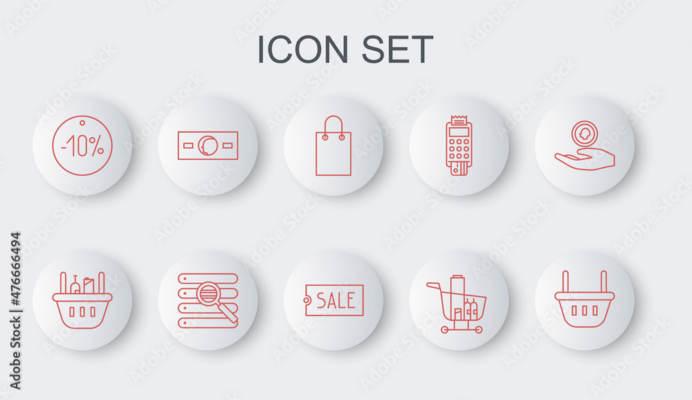 Set line Shopping basket, and food, Paper shopping bag, cart, Ten discount percent tag, money cash, Search browser window and Price with text Sale icon. Vector Set line Shopping basket, and food, Paper shopping bag, cart, Ten discount percent tag, money cash, Search browser window and Price with text Sale icon. Vector
