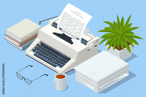 Isometric Vintage typewriter and papers. Typewriter machine in retro style. World Writer Day.