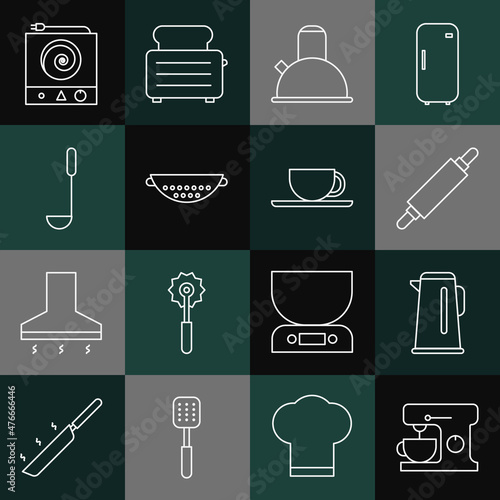 Set line Electric mixer, Kettle with handle, Rolling pin, Kitchen colander, ladle, stove and Coffee cup icon. Vector