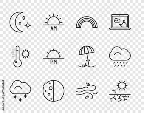 Set line Cloud with snow, Drought, Rainbow, Eclipse of the sun, Moon and stars, Sunset, Wind and rain icon. Vector