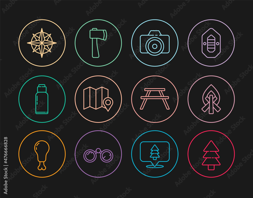Set line Tree, Campfire, Photo camera, Location of the forest on map, Canteen water bottle, Wind rose, Picnic table with benches and Wooden axe icon. Vector Set line Tree, Campfire, Photo camera, Location of the forest on map, Canteen water bottle, Wind rose, Picnic table with benches and Wooden axe icon. Vector