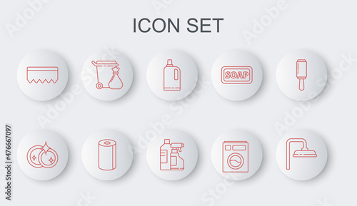 Set line Shower head, Washing dishes, Fabric softener, Washer, Sponge with bubbles, Trash can and garbage bag, Paper towel roll and Bottles for cleaning agent icon. Vector