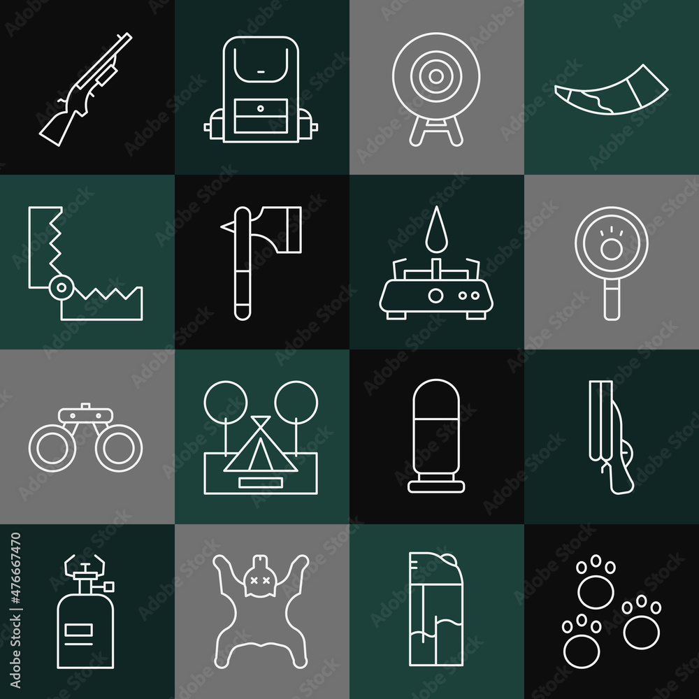 Set line Paw print, Shotgun, search, Target sport, Wooden axe, Trap hunting, and Camping gas stove icon. Vector Set line Paw print, Shotgun, search, Target sport, Wooden axe, Trap hunting, and Camping gas stove icon. Vector