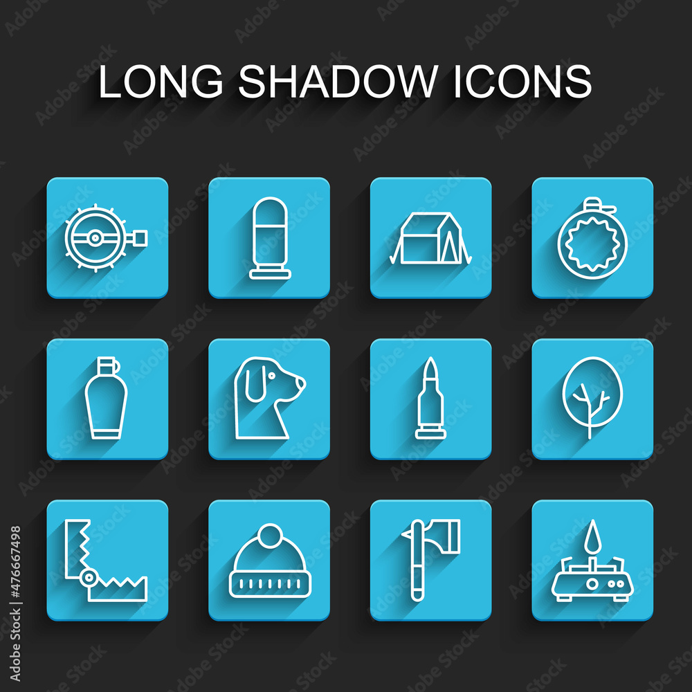 Set line Trap hunting, Winter hat, Wooden axe, Camping gas stove, Dog, Tree and Bullet icon. Vector Set line Trap hunting, Winter hat, Wooden axe, Camping gas stove, Dog, Tree and Bullet icon. Vector
