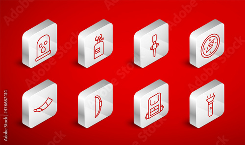 Set line Flashlight, Camping gas stove, Torch flame, Compass, Hiking backpack, Balaclava, Bow and Hunting horn icon. Vector
