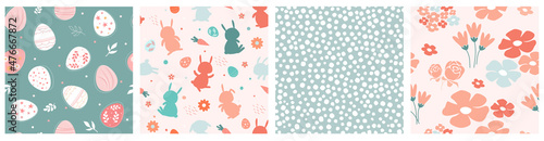 A set of seamless Easter pattern with different colored eggs, branches with leaves, chaotic drops, muzzles of bunnies, rabbits. Festive spring print. Vector graphics.