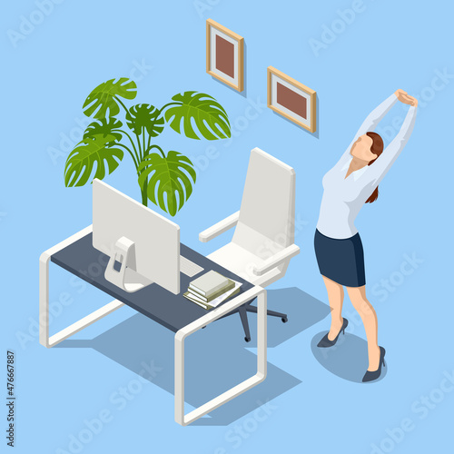 Isometric business and healthy lifestyle. Positive office worker distracted from work doing effective stretching exercises during the working day. Stretching exercise Worker doing stretching exercises
