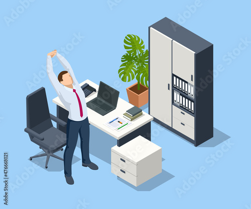 Isometric business and healthy lifestyle. Positive office worker distracted from work doing effective stretching exercises during the working day. Stretching exercise Worker doing stretching exercises