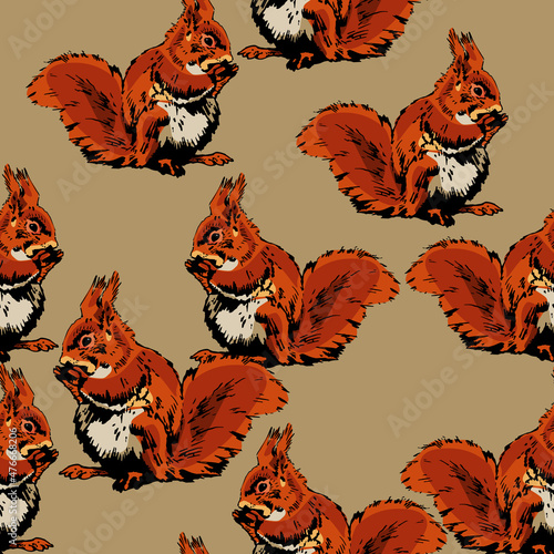 Seamless animal pattern with red squirrels on yellow beige background. (Sciurus vulgaris).