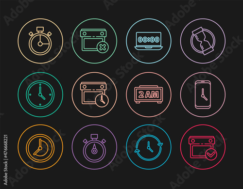 Set line Calendar with check mark, Alarm clock app mobile, Clock on laptop, and, Stopwatch, Digital alarm and date delete icon. Vector