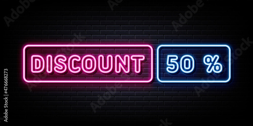 discount 50 percent neon sign. neon symbol