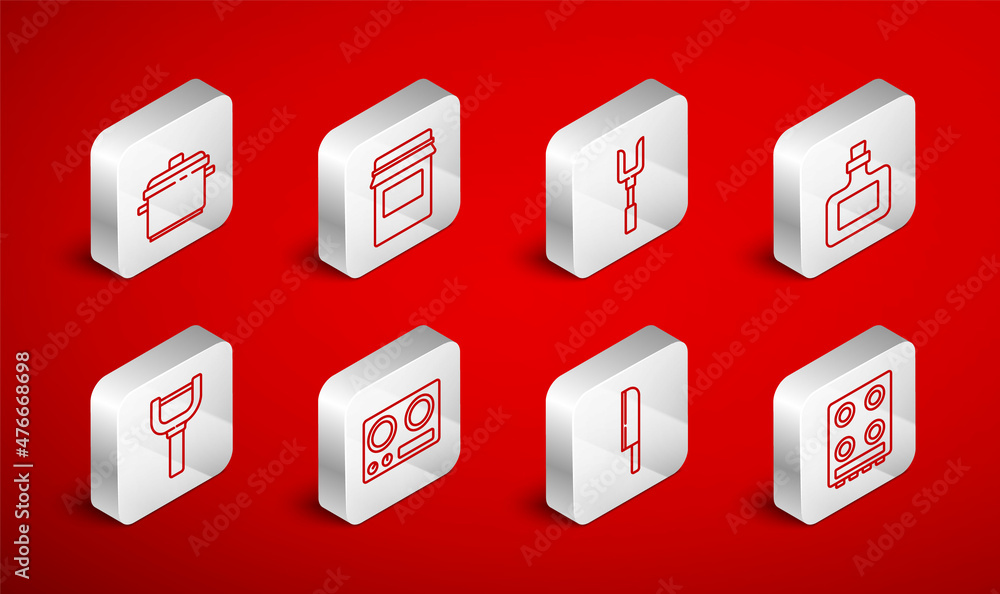 Set line Gas stove, Jam jar, Barbecue fork, Sauce bottle, Knife, Cooking pot, and Peeler icon. Vector Set line Gas stove, Jam jar, Barbecue fork, Sauce bottle, Knife, Cooking pot, and Peeler icon. Vector