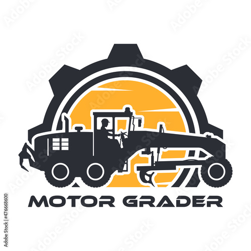 Heavy machinery icon with operator silhouette driving motor grader in gear