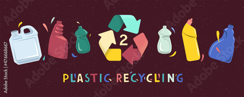 Waste recycling. Banner with plastic bottles HDPE. Eco-friendly environment. Doodle vector illustration.