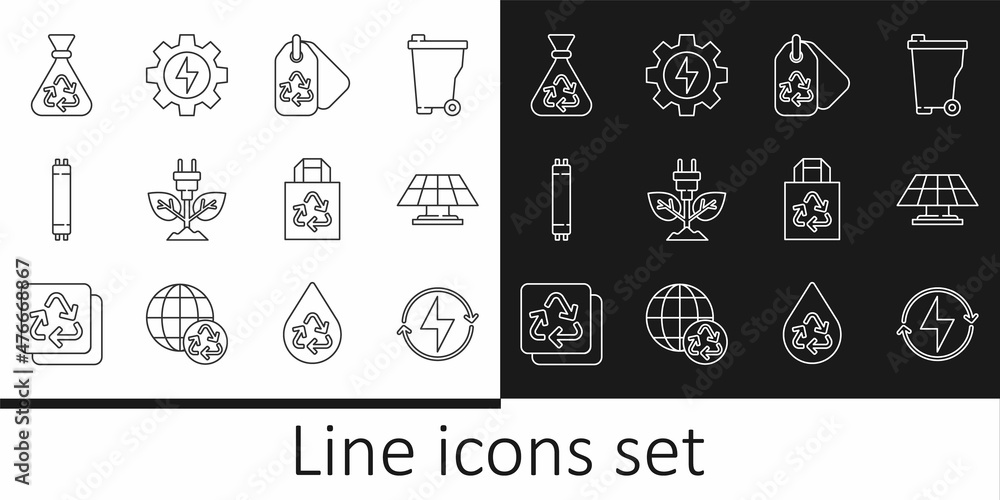 Set line Lightning bolt, Solar energy panel, Tag with recycle, Electric saving plug leaf, Fluorescent lamp, Garbage bag, Paper and Gear and lightning icon. Vector