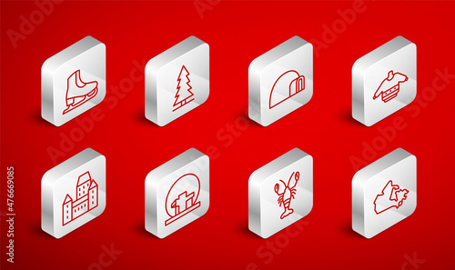 Set line Canada map, Canadian spruce, Igloo ice house, Christmas sweater, Lobster, Skates, Montreal Biosphere and Chateau Frontenac hotel icon. Vector