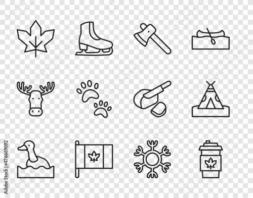 Set line Flying duck, Coffee cup to go, Wooden axe, Flag Canada, Canadian maple leaf, Paw print, Snowflake and Indian teepee or wigwam icon. Vector