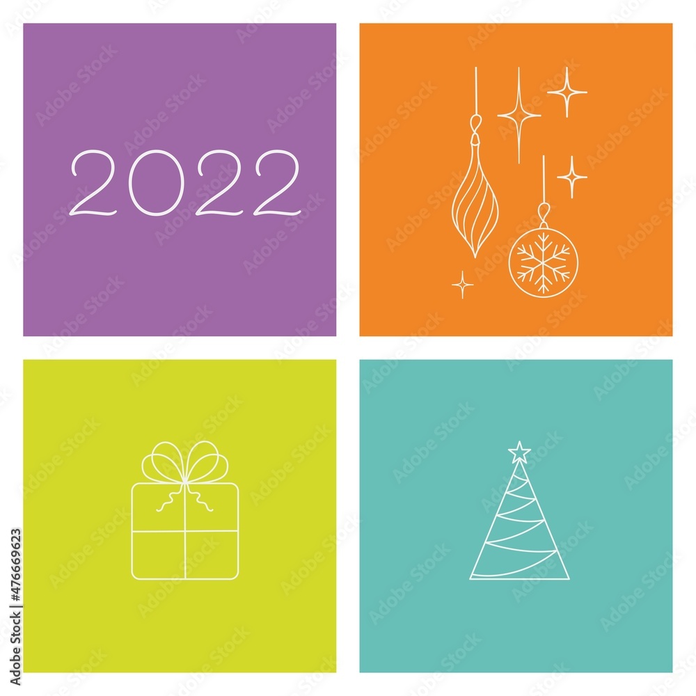 Fototapeta premium multicolored squares, new year's theme, greeting card concept, place for text, christmas mood, flat drawing with thin lines, 2022