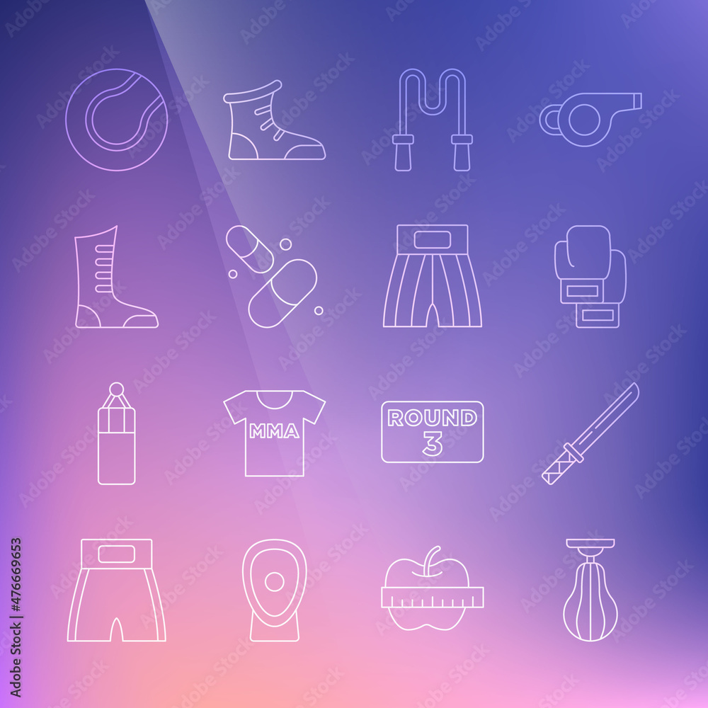 Set line Punching bag, Japanese katana, Boxing glove, Jump rope, Vitamin pill, Sport boxing shoes, Tennis ball and short icon. Vector Set line Punching bag, Japanese katana, Boxing glove, Jump rope, Vitamin pill, Sport boxing shoes, Tennis ball and short icon. Vector