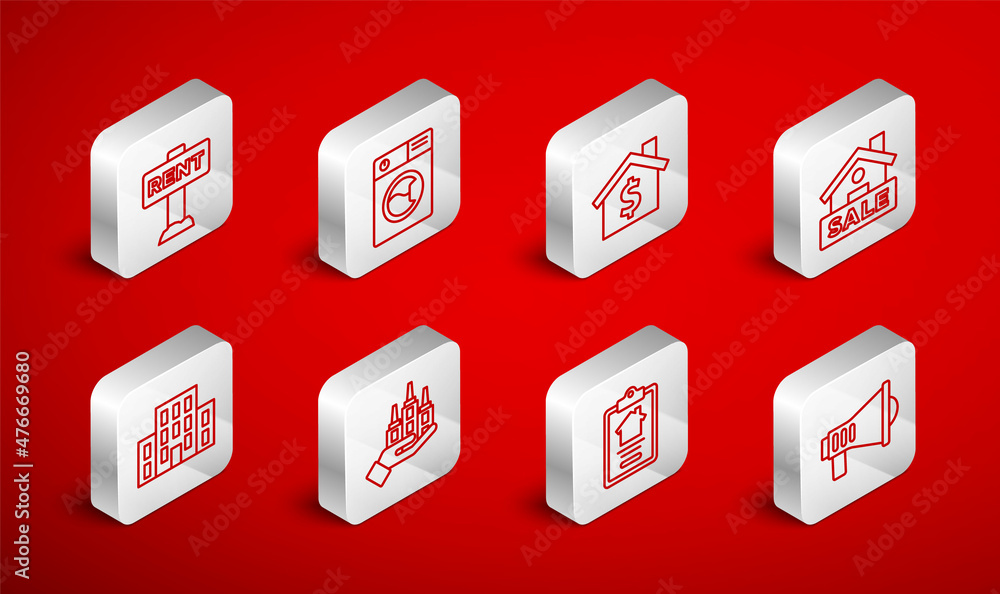 Set line Megaphone, Washer, House with dollar symbol, Hanging sign Sale, contract, Rent, Skyscraper and icon. Vector Set line Megaphone, Washer, House with dollar symbol, Hanging sign Sale, contract, Rent, Skyscraper and icon. Vector